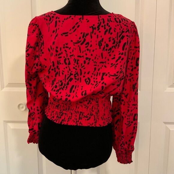 Vero Moda Red Black Print Twist Front Long Sleeve Cropped Top Large - Picture 6 of 12